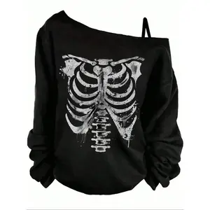 Women's fashionable and casual asymmetrical skull print long sleeved top, comfortable autumn outfit, all season fit pattern T-shirt
