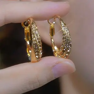 Shiny fashionable gold-plated diamond hoop earrings with a stylish and versatile design, DDES0302 S925 silver needle earrings 14KGold-Plated