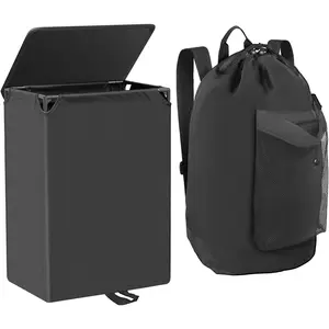 60L 2-in-1 Laundry Hamper with Laundry Backpack,  Basket with Lid, Laundry Bag with  Straps and Mesh Pocket, Hamper for College Dorm, Travel, Apartment, Laundromat