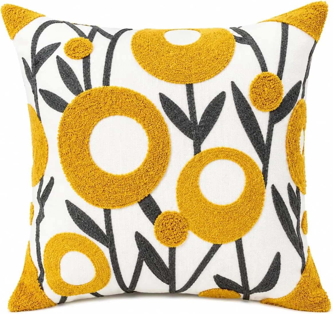 Selection Embroidered Floral Throw Pillow, 18x18 Inch Decorative Pillow with Insert Included, Ivory White Woven Canvas Cushion, Mustard Yellow Modern Flower Embroidery, Hidden Zipper