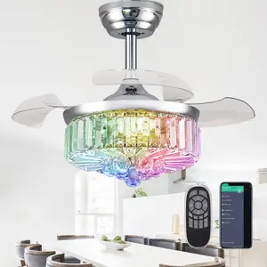 Zynfandor 30" Retractable Crystal Ceiling Fan with Light, RGB Modern Fandelier 6 Speeds Reversible Blades Dimmable Chandelier Ceiling Fan with Remote App Control Memory Timer Silver