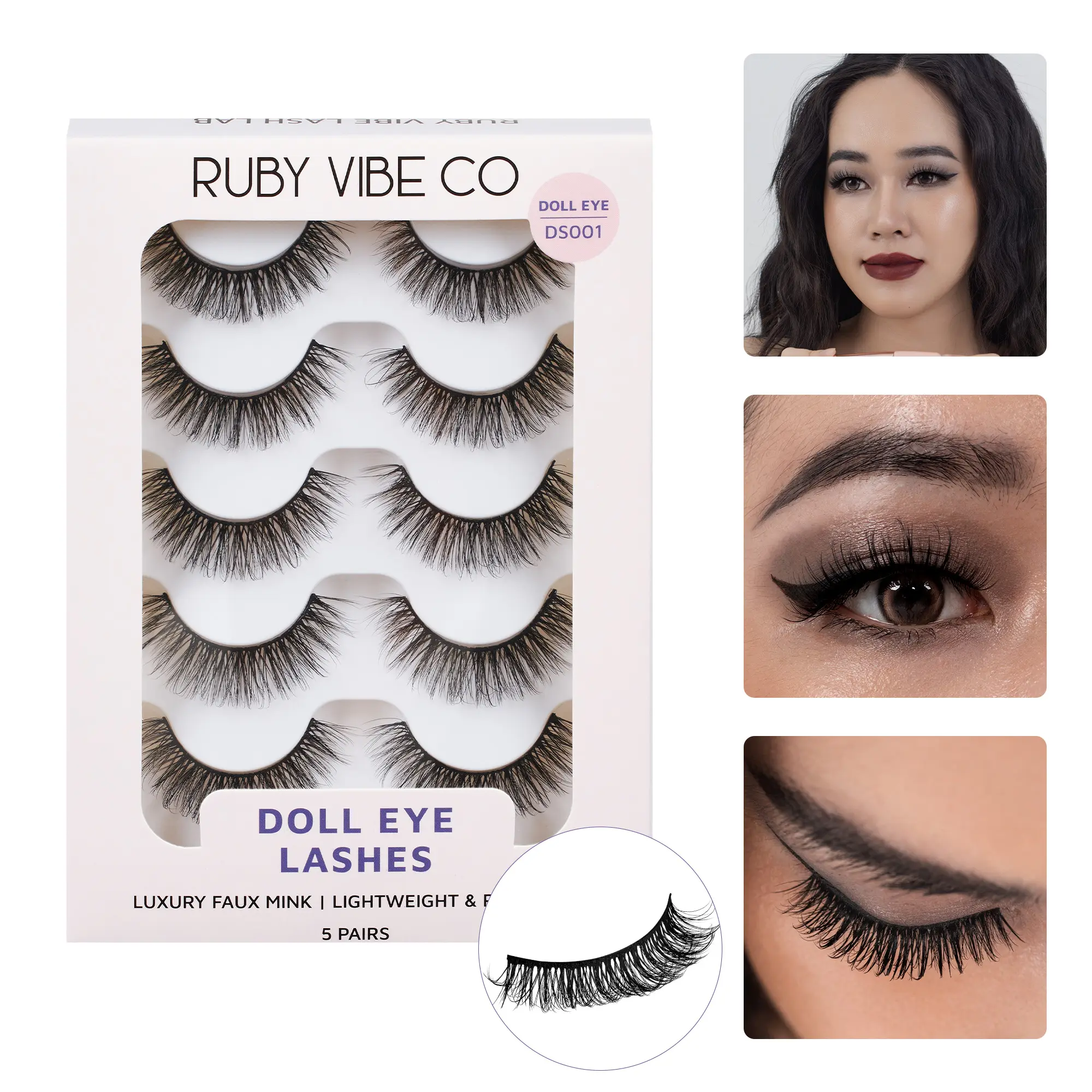 [RUBY VIBE CO] Sweet Doll DS001 Natural Doll-Eye Lashes with Faux Mink Fibers Soft Black Band 5 Pairs Lightweight Reusable