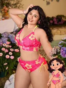 Swim Vcay Summer Vacation Outfit Plus Size 2pcs Floral Swimwear Set Sweet Two Piece Bathing Suit for Tropical Island Trips and Outdoor Pool Parties