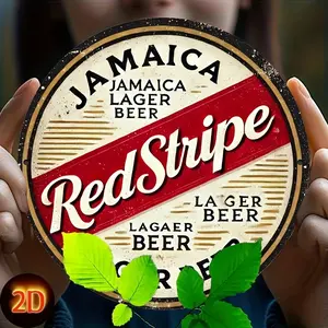 1PC 2D Flat, Red Striped Jamaican Beer Retro Metal Wall Art Sign, Vintage Garage Signs, Iron Round Bar Decoration Suitable for Man Cave, Bar, 20x20cm (7.8x7.8inch) No Electricity Required, Metal Art Wall Decoration, Home Decor Products