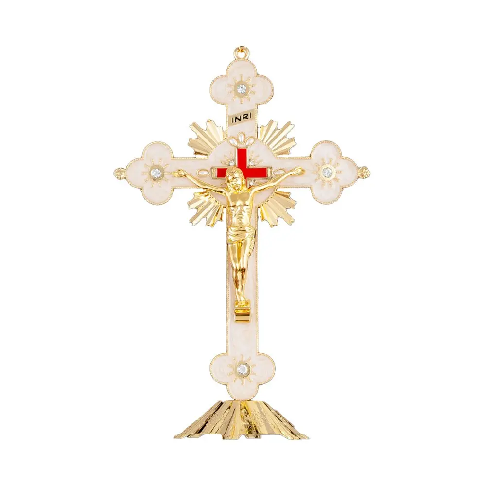 Catholic Enamel Desktop Crucifix, Metal Cross with Rhinestones, Home Decor, spiritual decor, cross decorations, religious decoration, Religious Ornaments, Prayer Amulet, Religious Art, ornate religious decor, Elegant Design