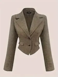 Women's Houndstooth Long Sleeve Crop Top, Elegant Fitted Design for Spring & Fall, Stylish Short Length Outerwear Womenswear