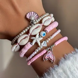 Pink Beaded Bracelets for Women, 5 Pcs Stackable Cowrie Shell Charm Bracelet Set, Polymer Clay Heishi Disc Evil Eye Starfish Mermaid Tail Pearl Coastal Summer Jewelry Pack