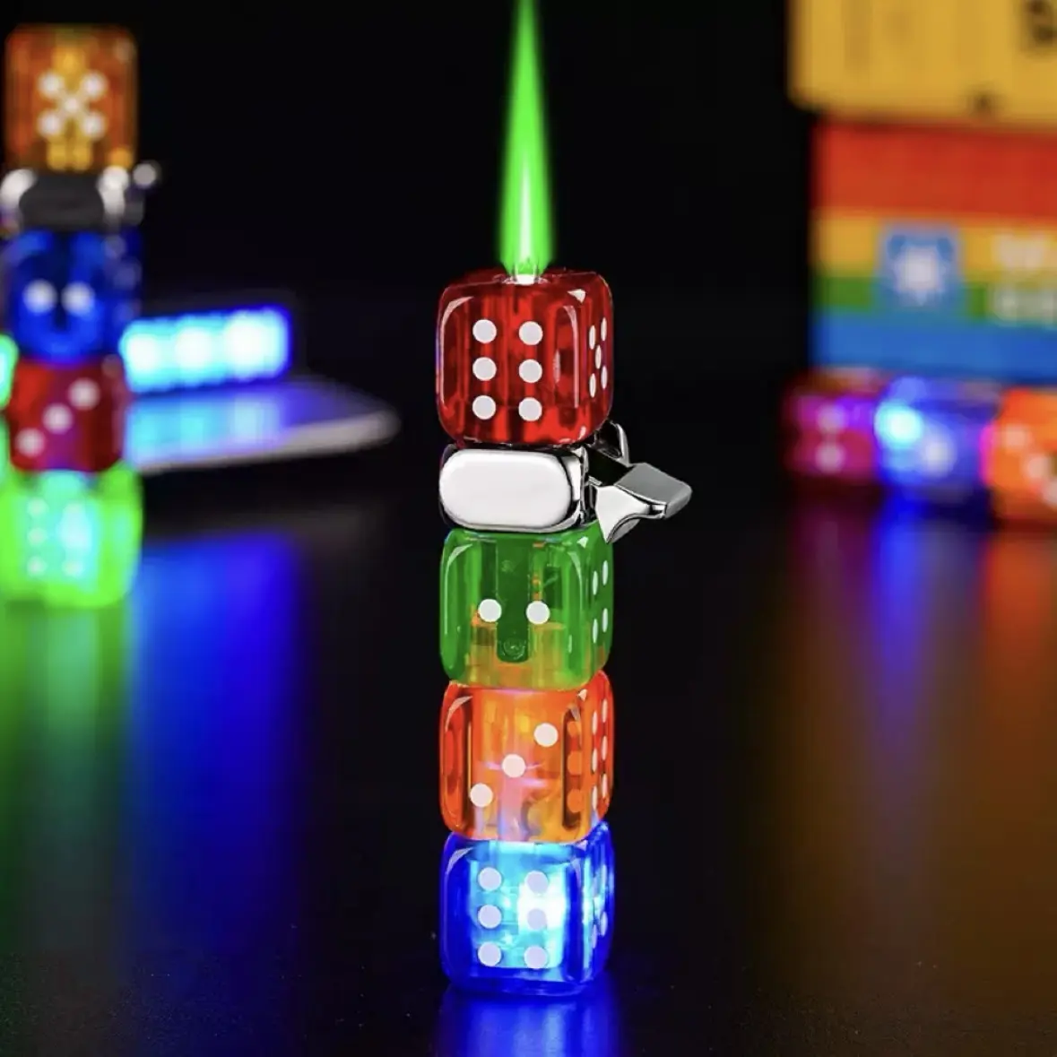 Colorful Dice Pattern Butane Windproof Lighter, Fun Spinning Top Desk Toy Lighter, Cool Daily Carry Novelty Gift for Gamers Collectors