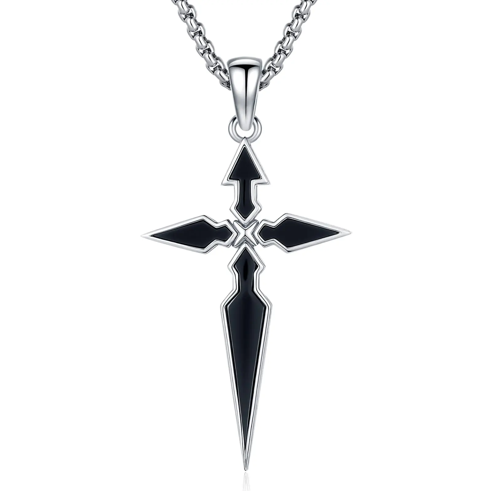 DRINSPER Gothic Cross Charm 925 Sterling Silver-Obsidian Pendant with Necklace, Elegant Nickel-Free Hypoallergenic Adult Necklace with 22in+2in Box Chain for Casual Daily Wear, 22 Inches + 2 Inches, 22" Box Chain, Adults With 22" Box Chain