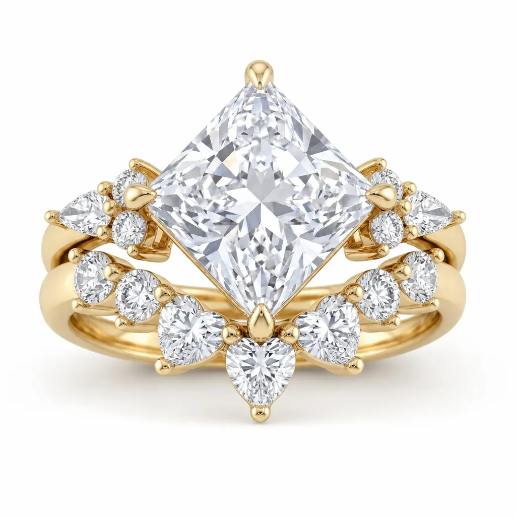 2-Piece Princess-Cut Clear Stone Stackable Ring Set for Women, Floral Mixed-Shape Bridal-Style Promise and Anniversary Rings, Gold-Plated Copper