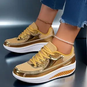 [Fashion Sneakers] Women's Fashion Gold and Yellow Casual Sneakers - Lightweight and Comfortable Fabric Shoes with Sequins Embellished, Lace-Up Low Shoes, Suitable for All Seasons