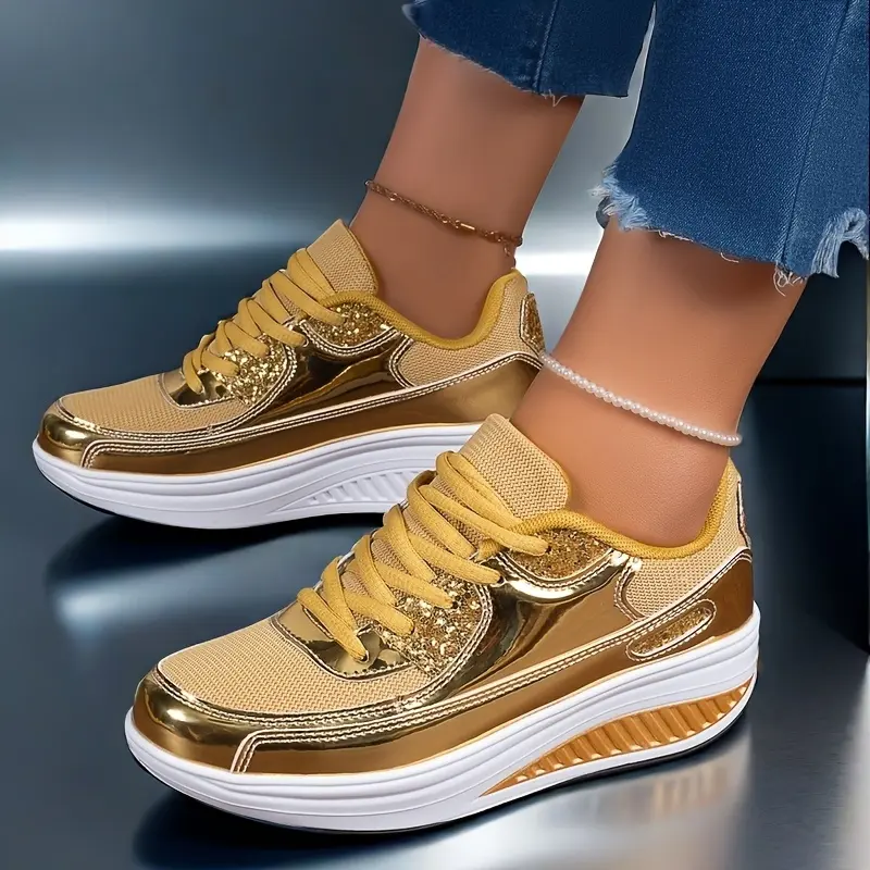 Women's Gold Sequin Sneakers, Aesthetic Lace-Up Party Shoes, Comfortable Lightweight Round Toe Casual Trainers with Colorful Laces