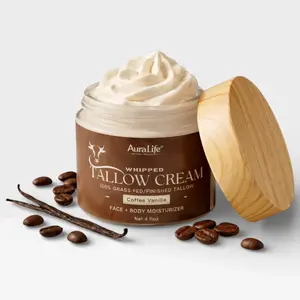 AuraLife ! Whipped Tallow Cream - Coffee Vanilla, Natural Moisturizer for Face & Body, Organic Grass-Fed Beef Tallow, Deep Hydration, Gentle on Sensitive Skin, 4oz Jar