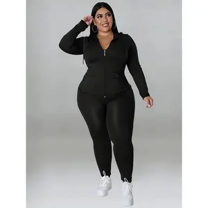 Plus Size Solid Zip Up Hooded Top & Skinny Pants Set, Casual Lightweight Long Sleeve Hooded Outerwear & Trousers for Women, Women's Christmas and New Year Two-piece Outfits for Spring & Fall（gift）