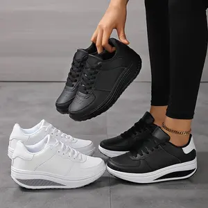 Women's Black & White Platform Sneakers - Breathable Synthetic Cover, Casual Lace-Up Rocker Shoes with Thick Sole for Comfort & Height Increase, Breathable Shoes |   Sleek Platform Shoes |   Durable Casual Shoes