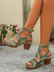 Women's Ethnic Print Chunky Heel Sandals, Summer Fish Mouth Buckle Open Toe Comfortable Roman Shoes, Versatile Casual Footwear