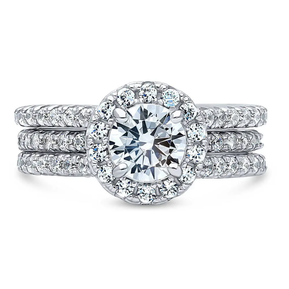 BERRICLE Sterling Silver Halo Engagement Rings Statement Stackable Band Insert Ring Set for Women, Round Cut Cubic Zirconia CZ