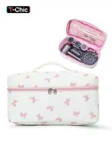 Large Quilted Hair Tools Travel Bag with Top Handle, Cute Portable Cotton Floral Organizer Case for Hair Dryer, Curling Iron & Styling Accessories, Home & Travel Use, Ideal Gift for Women & Girls, Travel Essentials