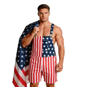 Mens Womens Sleeveless Flag Overall Shorts, Soft Stretch Denim Bib Pants, Breathable Patriotic Romper for Independence Day BBQ, Beach Vacation, Father's Day Gift, USA Pride Workwear