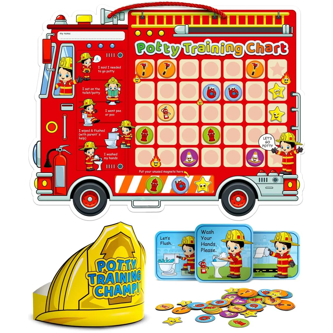 Potty  Chart with 35 Stickers, 3 Reminder Stickers and Crown for  Boys and Girls - Potty  Rewards for  - Fireman