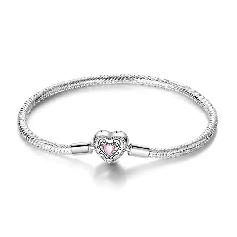Vintage Heart Snake Chain Bracelet Elegant Heart Lock Pendant Inlaid with Pink & Clear Zirconia Romantic Gift for Valentine's Day