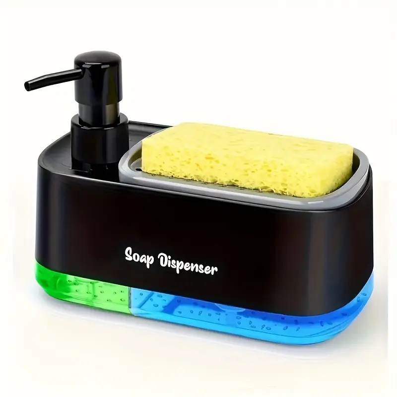 Soap Dispenser with Built-in Sponge Holder, 1 Pack Kitchen Dish Soap Pump, No Battery Needed, Space Saving Sink Organizer for Kitchen & Bathroom