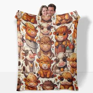 "Highland Cow Flannel Blanket Cute Cartoon Cattle Print Soft Warm Cozy Lightweight Decorative Throw Perfect for Sofa Bedroom Office Picnic Camping Gift "