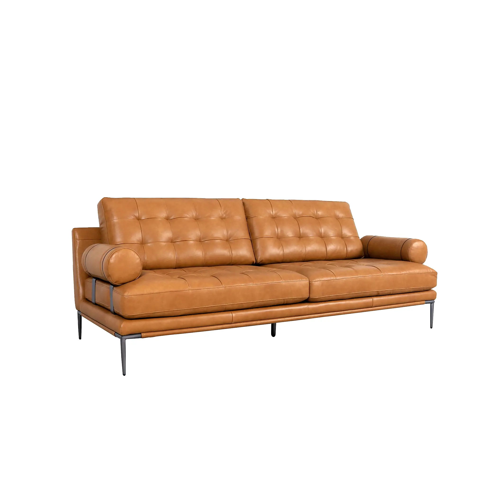 Kimberly Mid Century Modern Top Grain and Stainless Steel Leather Sofa