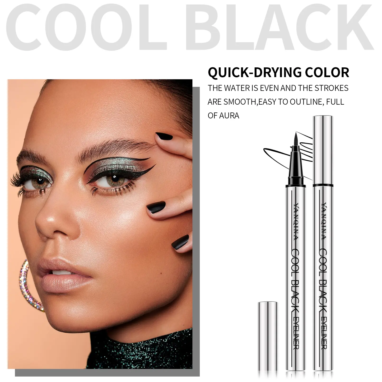 [YANQINA] Waterproof 24HR Long-Lasting Smudge-Proof Creamy Gel Eyeliner Pen, Vegan Gentle Silky Smooth Texture, High-Pigment Glossy Cosmetic Brush-Inclusive Jet Black Eyeliner for Outdoor Use, Beauty Products, Makeup