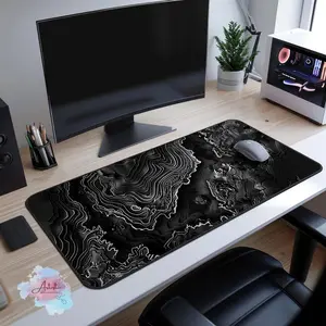 Dark Abstract Topographical Map Desk Mat, TCG Playmat with Zones Gift for Him, XL Monochrome Mouse Pad, Computer Office Desk Accessories, Desk Mat Gifts