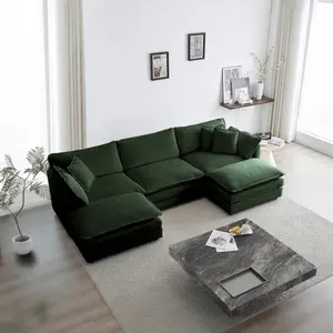U-Shaped Sectional Sofa w/Reversible Footrest 5-Seater Convertible Corner Couch with 2 Ottomans Modern Minimalist Soft Chenille Fabric Beige/Green/Blue/White/Black/Gray for Living Room, Chenille Fluffy Sofa, Convertible Sectional Sofas, Modern Sofas Couch