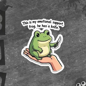 Emotional Support Frog With A Knife Sticker, Funny Frog Stickers, Mental Health Meme Gift, Animal Stickers, Sticker Lovers Gift For Laptop, Notebook