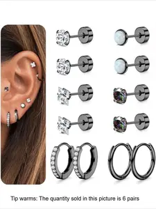 12 Pairs Hypoallergenic Flat Back Earrings for Women Men, Surgical Steel Small Stud Hoop Earrings, Sparkling Zirconia Opal Heart Cartilage Set, Earring Stacking Set