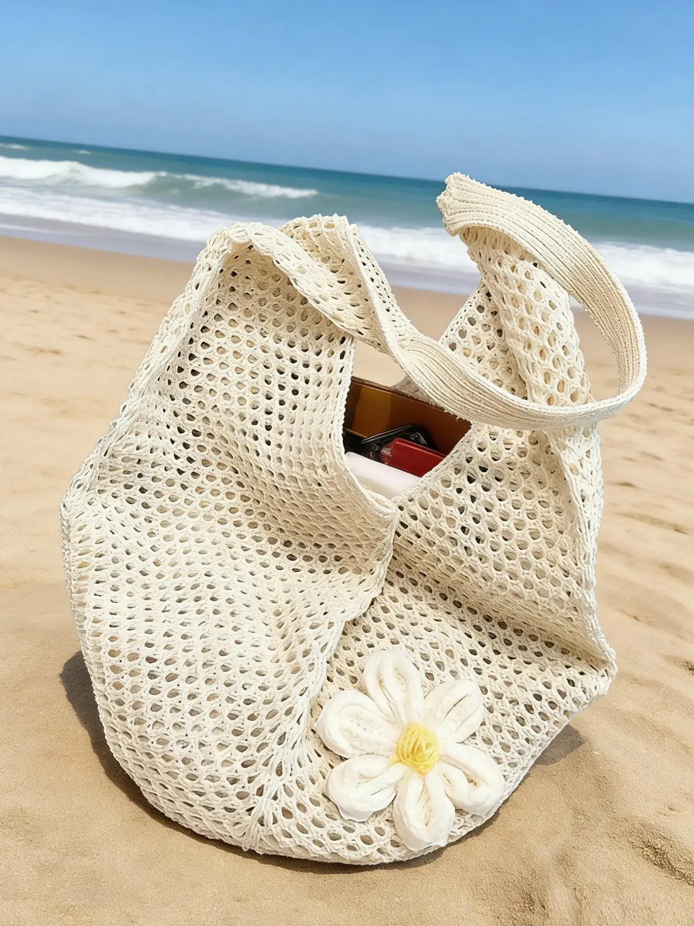 Beige Hollow Knit Flower Tote Bag, Handmade 3D Floral Crochet Shoulder Bag, Large Capacity Breathable Beach Bag, Travel Tote for Vacation & Daily Use, Boho Aesthetic Handbag for Women, Stylish Tote Bag