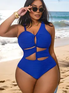 Women's Plus Size Sexy Cutout Slim Fit One-Piece Swimsuit, Modest Plain Style, Perfect for Beach Poolside, Swimsuit Beachwear, New Arrival, Hollow Out Swimsuit