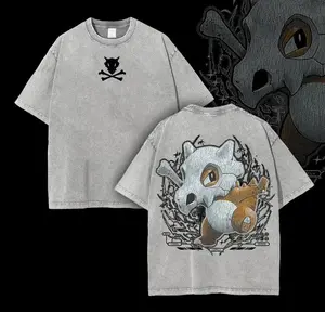 Men's Pocket Monsters "Cubone" Classic Oversized Vintage Unisex Ribbed Seamless Acid Washed Heavyweight Cotton T-shirt, Anime Manga Apparel for Fans