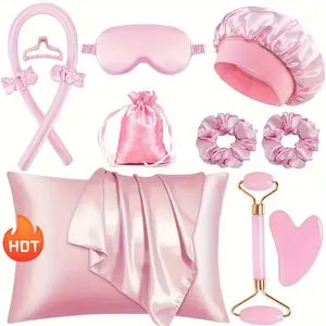 12pcs Sleep Hairstyling Tool Set, Curling Iron Set, Facial Massager, Hairband, Soft Sleep Mask, And Satin Sleep Cap For Hairstyling And Light Beige Queen Set, Satin Storage Bag, Women'S Facial Roller