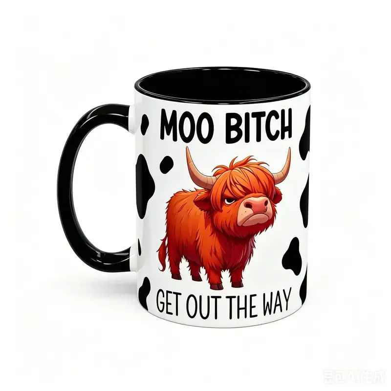 Funny Highland Cow Attitude Ceramic 11oz & 15oz Mug, Sassy Farm Animal Quote Print Coffee Cup, Black and White Cow Pattern Drinkware, Novelty Humorous Gift for Friends and Colleagues