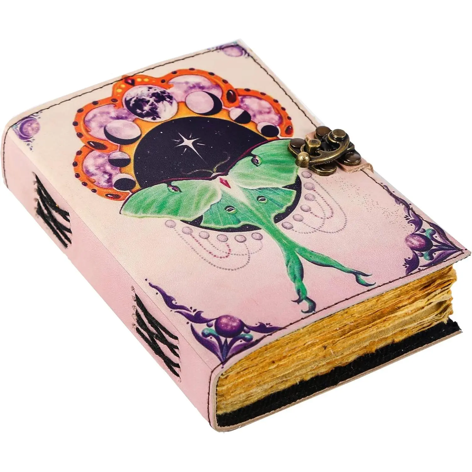Blank Spell Book of Shadows Journal for Men & Women 200 Pages with Lock Clasp   Leather Luna Moth Deckle Edge  Paper, Leather Sketchbook, Drawing Journal, Printed Leather