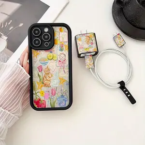 5-Piece Bow Cat Tulip Strawberry Texture TPU Phone Case Set, Charger Head Cover, Cable Protector, Compatible with iPhone 6-16 Pro Max