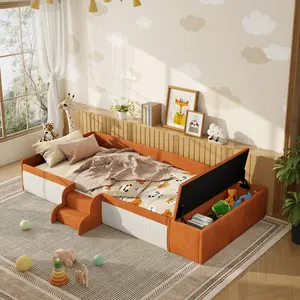 Twin Size Upholstered Daybed with Stairs and Gas Lift Storage Ottoman, Kids Twin Storage Bed, Velvet Twin Floor Bed with Padded Guardrails for Boy, Girl, Kids, Brown+White