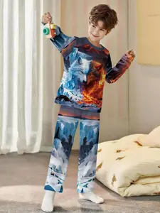 Ice and Fire Twin Wolves! Blue-orange gradient,domineering 2-piece boys' digital printed long-sleeve pajamas with long pants, made of flame-retardant fabric. A stylish, trendy, casual, comfortable and soft pajama set, suitable for sleeping and home l