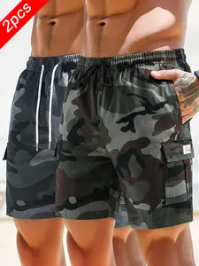 2-Pack Men’s camouflage multi-pocket drawstring waist casual shorts, regular fit, loose and comfortable, suitable for everyday summer wear