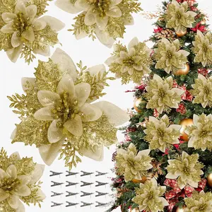 16 count Poinsettia Flower Artificial Poinsettia Christmas Decorations Glitter Poinsettias Christmas Ornaments Christmas Tree Flower Decorations with Clips DIY Xmas Wreath Holiday Weed  Party Decor