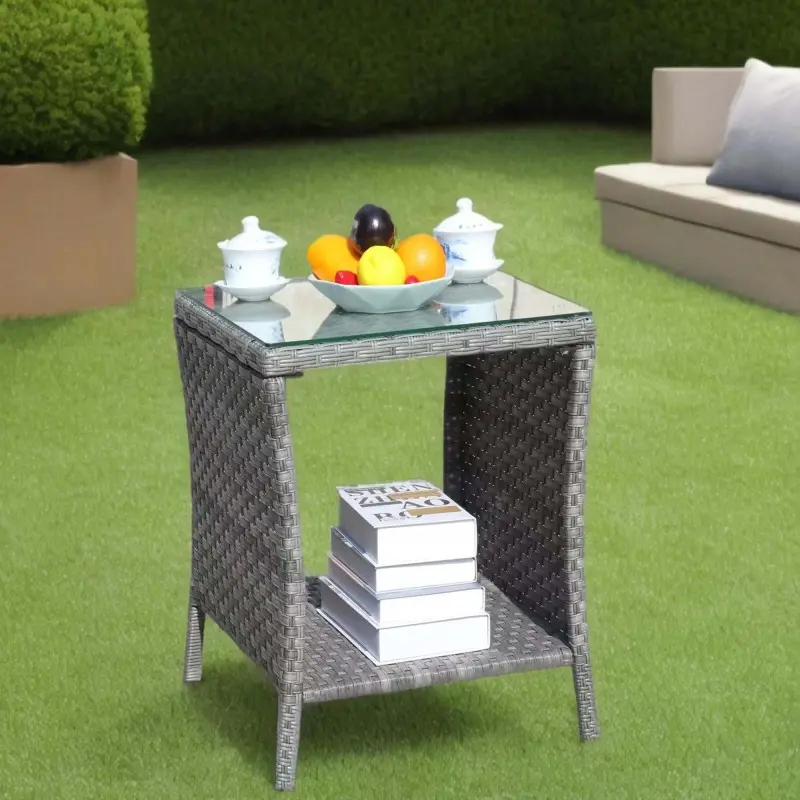 Outdoor Wicker Coffee Table Patio Furniture Garden Rattan 2-Layer Glass Table with Storage, Gray