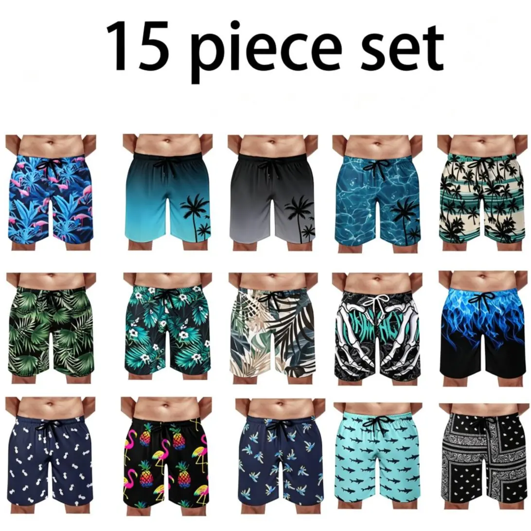 15 Packs Mens Tropical Floral Printed Swim Shorts, Quick Dry Lightweight Drawstring Board Trunks, Elastic Waist Bathing Suit Shorts for Beach Surf Vacation Daily day