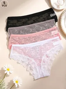 Women's 4pcs Butterfly & Floral Print Sheer Lace Panties, Casual Comfy Breathable Lady Knicker for Daily Wear, Women's Underwear for All Seasons