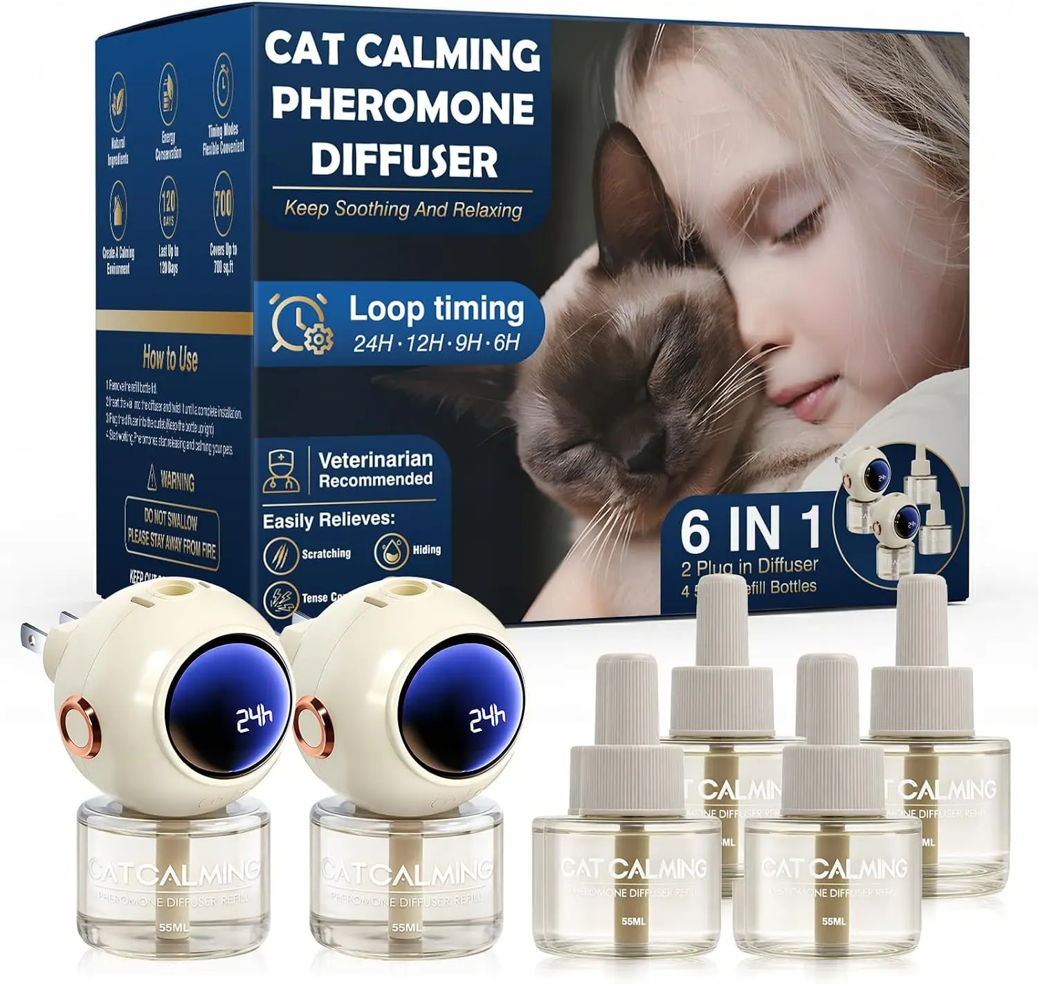 6 in 1 with Timing Function Cat Calming Diffuser Multicat Calming Pheromones Diffusers 60 Days Calm Relaxing Pheromone for Cats kit 48ml Relief Stress Anxiety Fighting Scratching