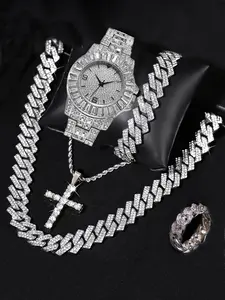 5-Piece Hip-Hop Men's Watch Set – Watch + Necklace + Watch + Bracelet + Ring, Creative Ice Carving Style Men's Quartz Watch, Fashion Jewelry for Men. Perfect Gift for Father's Day, Valentine's Day, Easter, Birthdays, and Christmas.