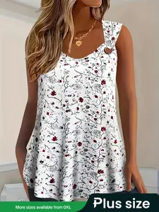 Plus Size Ditsy Floral Print Tank Top, Elegant Fitted Sleeveless, Lady Casual Curvy Boho Elegant Sleeveless Cami Top for Summer, Women's Plus Clothing for Daily Wear, Boho Chic Sleeveless Summer Tops